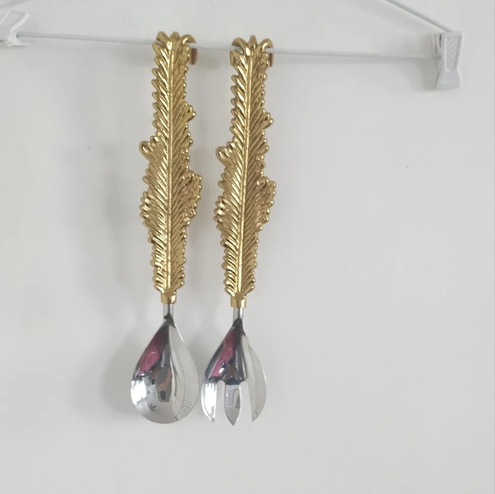 Gute Spoon Fork 2 Pieces Salad Server Gold Feather Leaf Design Set